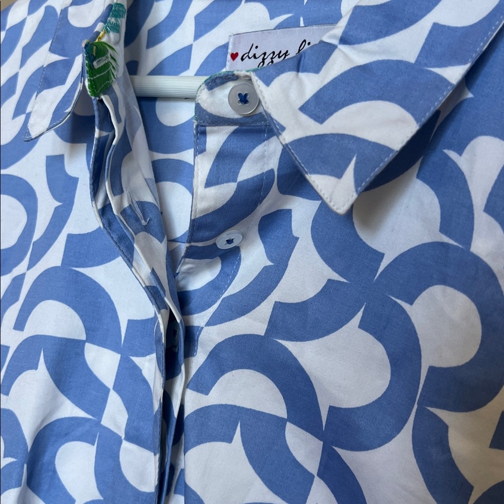 DizzyLizzie Str Cotton Midi Shirt Dress Broken Circle Blue White Green Pocket XL - Picture 7 of 7